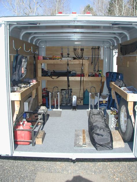 Trailer Setup Ideas, Enclosed Trailer Cabinets, Rv Storage Hacks, Trailer Cabinets, Enclosed Motorcycle Trailer, Trailer Shelving, Enclosed Motorcycle, Hunting Trailer, Trailer Hacks