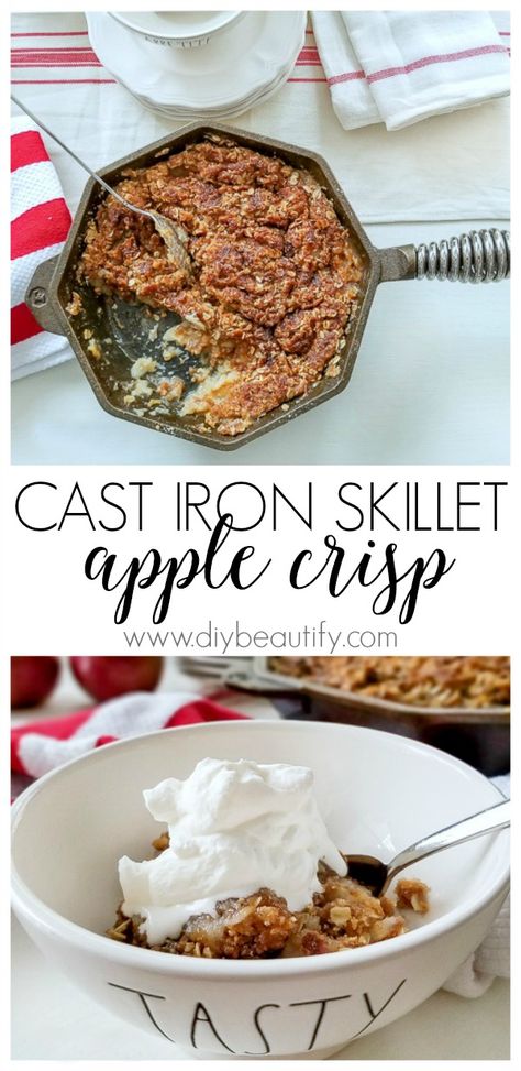 A warm, gooey center and a crunchy sweet topping makes apple crisp a classic recipe! Bake it in a cast iron skillet for a taste of comfort! Recipe and instructions at diy beautify! Iron Skillet Apple Crisp, Skillet Apple Crisp, Camping Dessert Recipes, Cast Iron Skillet Cooking, Camping Dishes, Camping Desserts, Apple Crisp Easy, Iron Skillet Recipes, Cast Iron Skillet Recipes