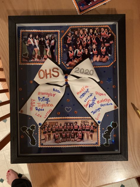 Dance Team Gifts High School, Cheer Senior Baskets Gift Ideas, Senior Gift Ideas Cheerleading, Cheerleading Senior Gifts, 8th Grade Night Cheer Gifts, Senior Cheer Banquet Table Ideas, Senior Drill Team Gifts, Cheer Shadow Box Ideas, Senior Night Cheer