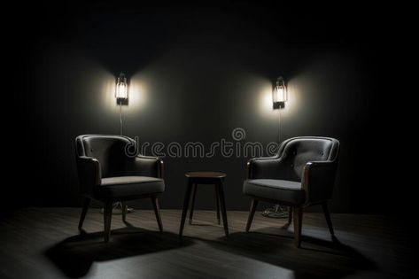 Podcast room interior with two empty chairs and spotlights. Generative AI stock images Podcast Chairs, Podcast Room, Podcast Setup, Interview Rooms, Podcast Guest, Tv Ideas, Dip Dye Hair, Home Studio Setup, Podcast Studio