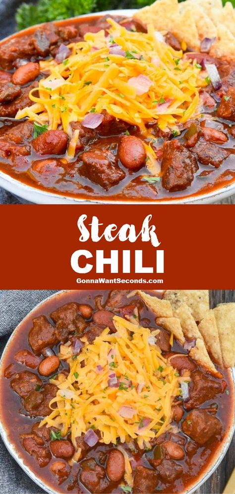 Texas Steak Chili, Cowboy Chili Crockpot, Filet Mignon Chili Recipe, Steak Chili Recipe, Chili Recipe Video, Chilli Dogs, Steak Chili, Ribs Recipes, Meat Chili