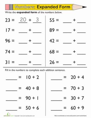 This expanded form worksheet gets your child to break down numbers by ones and tens. This expanded form worksheet is an easy introduction to place value. Expanded Form Math, Expanded Form Worksheets, Expanded Notation, Place Value Worksheets, First Grade Math Worksheets, Mathematics Worksheets, Expanded Form, 2nd Grade Math Worksheets, Math Work