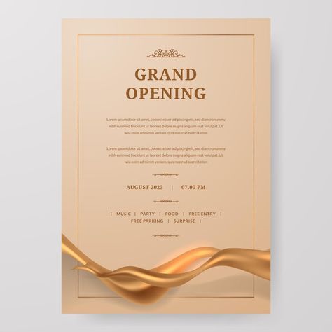 Vector grand opening poster celebration ... | Premium Vector #Freepik #vector #inauguration-invitation #inauguration #opening-ceremony #inauguration-ceremony Grand Opening Poster, Grand Opening Invitations, Golden Fabric, Greeting Card Template, Wedding Greeting Cards, Gold Invitations, Gold Silk, Engagement Cards, Opening Ceremony