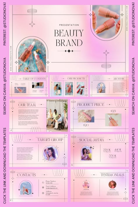 Elegant Instagram Feed Design, Beauty Instagram Template, Pink Presentation Design, Gradient Branding Design, Brand Deck Design, Brand Presentation Design, Makeup Presentation, Canva Slides, Classy Background