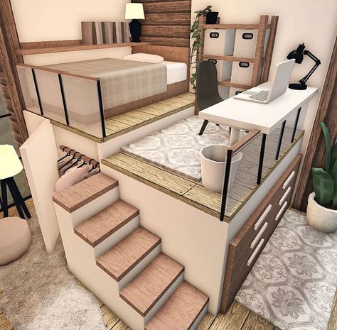 Modern Loft Bedroom, Bloxburg Homes, Loft Layout, Blocksburg Room Ideas￼, Free House Design, House Decorating Ideas Apartments, Small House Layout, Simple Bedroom Design, Tiny House Layout