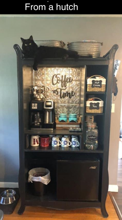 Base Cabinet Coffee Bar, Coffee Armoire Ideas, Coffee Hutch Diy, Coffee Bar Armoire Ideas, Coffee Hutch Ideas, Boho Coffee Bar Ideas, Coffee Bar Hutch Ideas, Bar Hutch Cabinet, Coffee Vibes Aesthetic