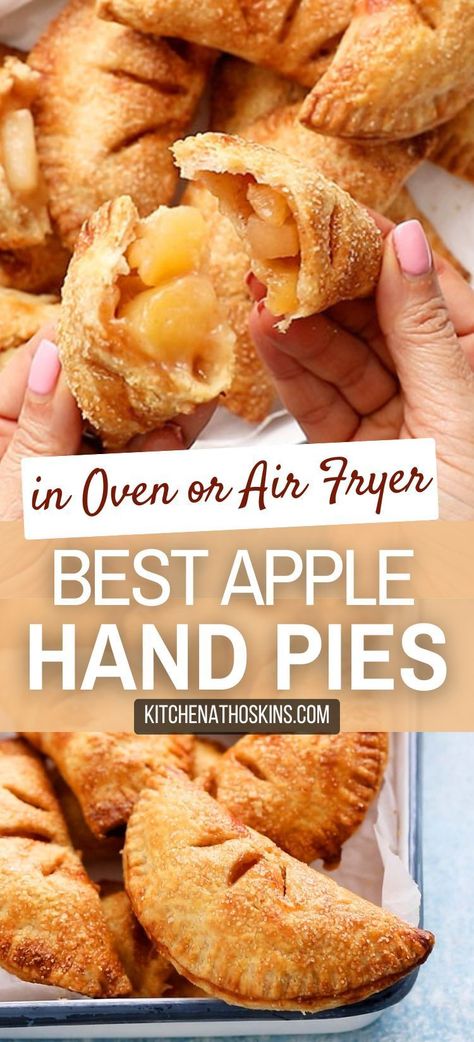 Learn how to make the best apple hand pies with homemade apple pie filling made from scratch. The mini pies are easily made in the oven or in air fryer with homemade pie crust and makes a great Thanksgiving dessert for a crowd or for fall. Get the easy apple hand pie recipe at kitchenathoskins.com. Apple Dumpling Crust Recipe, Apple Recipes Pie, Mini Apple Crisp Pies, Mini Baked Apple Pies, Apples And Pie Crust Dessert Recipes, Pie Filling Uses, How To Make An Apple Pie, Best Homemade Apple Pie, Apple Pie Recipe From Scratch