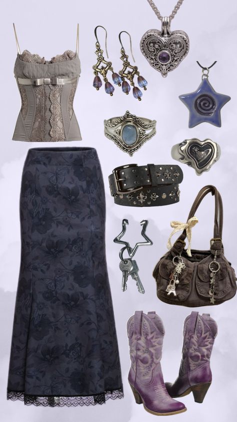 #outfitinspo #vintage #vibes #aestehthic #fairycore #skirt #cowboyboots #purple #ootd #inspo #floral #blue #downtowngirl #downtowngirlaesthetic Purple Ootd, Purple Skirt Outfit, Fairycore Skirt, Blue Skirt Outfits, Fairycore Outfit, Venus Fashion, Skirt Purple, Fairy Clothes, Earthy Outfits