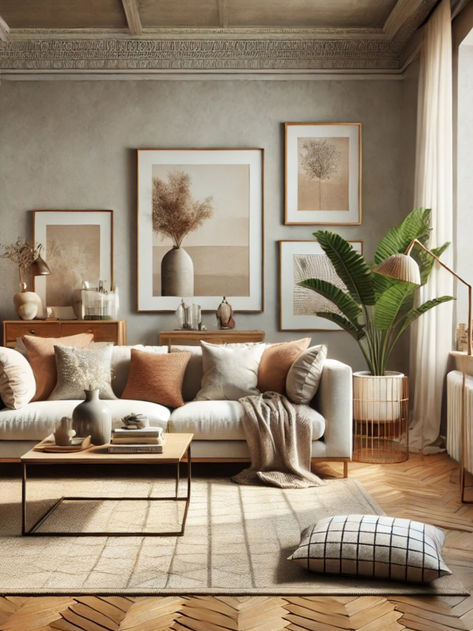 The image shows a cozy and stylish living room. There is a white sofa with neutral-toned cushions, a wooden coffee table with books and decorations, and a light-colored rug. Framed artworks hang on the gray wall, and plants add a touch of nature. Natural light streams through large windows, brightening the space. The blend of modern and vintage elements creates a warm and aesthetically pleasing atmosphere. Airy Living Room Decor, Earthy Tones Living Room, Boho Scandinavian Living Room, Earth Tone Living Room, Grass Texture, Dnevna Soba, Earthy Neutrals, Fireplace Room, Earthy Living Room