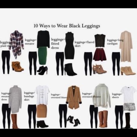 Ways To Wear Black Leggings, Leggings Work Outfit, 10 Ways To Wear, Look Legging, Black Leggings Outfit, How To Wear Leggings, Minimalist Capsule Wardrobe, Clothes And Shoes, Legging Outfits