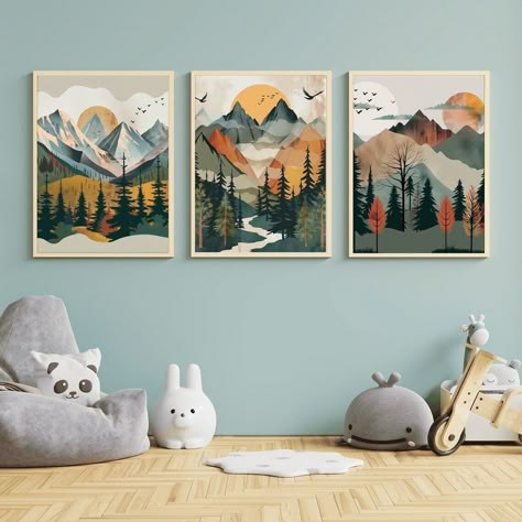 Southwest Themed Nursery, Boys Bedroom Art, Kids Mountain Bedroom, Mountain Themed Room, Nature Bedroom Kids, Earth Tone Nursery Gender Neutral, Mountain Nursery Decor, Boys Mountain Bedroom, Boho Toddler Boy Room