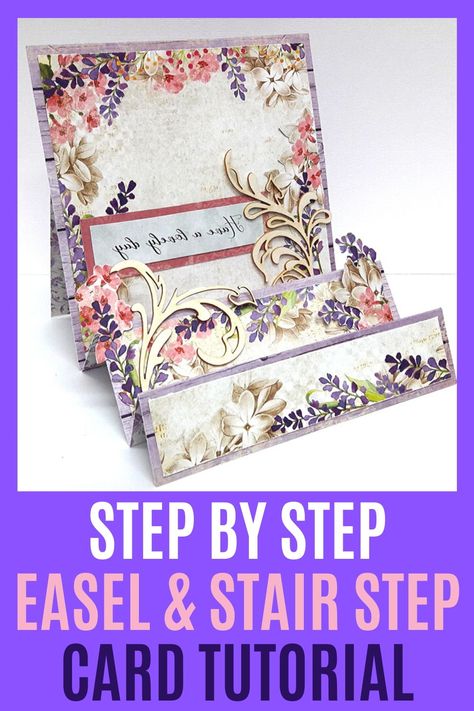 How to make an easel and stair step card in one! #einatkessler #cards #handmade #DIY #crafts Stepper Cards Tutorials, Step Cards Tutorial, Step Cards Ideas, Stair Step Card, Make An Easel, Center Step Cards, Side Step Card, Stepper Cards, Step Card