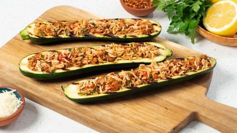 Zucchini Boats Stuffed with Rice and Sausage | Success® Rice Zucchini Boats Sausage, Success Rice Recipes, Grilled Zucchini Boats, Chicken Masala Recipe, Sausage And Rice, Stuffed Zucchini Boats, Sausage Ingredients, Sausage Stuffed Zucchini, Stuffed Zucchini