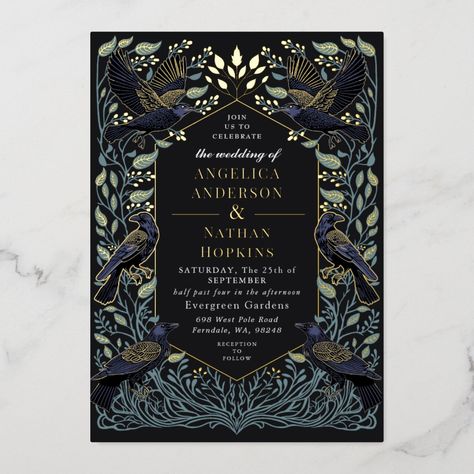 Forest Wedding Invitations, Gothic Wedding Invitations, Gothic Raven, Enchanted Forest Wedding, Green Wedding Invitations, Foil Wedding Invitations, Fantasy Wedding, Foil Invitations, Floral Wedding Invitation