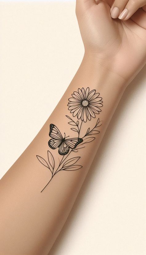 Daisy Flower & Butterfly Tattoo: Symbolic April Birth Flower Tattoo for Nature Lovers Daisy Tattoo Fine Line, April Flower Tattoo, Flower Butterfly Tattoo, April Birth Flower Tattoo, Name Flower Tattoo, New Beginning Tattoo, Daisy Butterfly, April Birth Flower, Fineline Tattoo