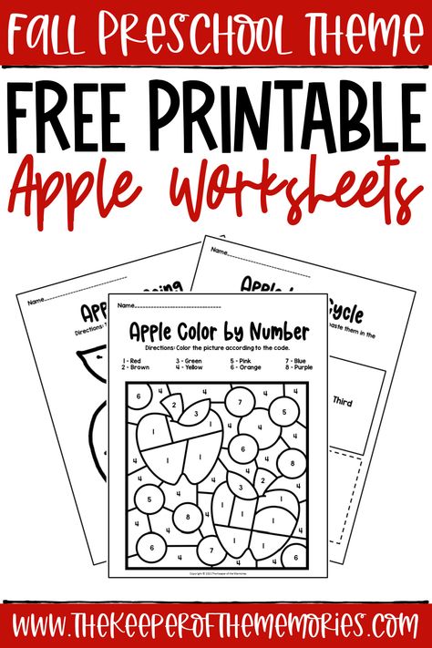 Preschool Apple Worksheets, Color By Number Preschool, Number Preschool, Fall Preschool Worksheets, Autumn Preschool Theme, Fall Lesson Plans, Fall Worksheets, Printable Leaves, Apple Preschool