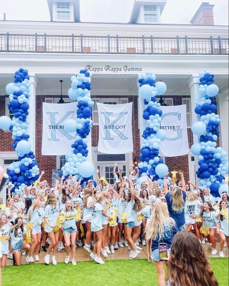 Kkg Bid Day Themes, Blue Bid Day Theme, Kappa Kappa Gamma Bid Day, Bid Day Banner, Kappa Bid Day, California University, Recruitment Ideas, Sorority House, Sorority Events