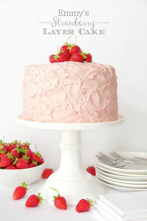 Easter Strawberry, Strawberry Layer Cake, Happy Unbirthday, Strawberry Layer Cakes, Double Layer Cake, Moist Yellow Cakes, Cake Lemon, Strawberry Buttercream, Berry Farm