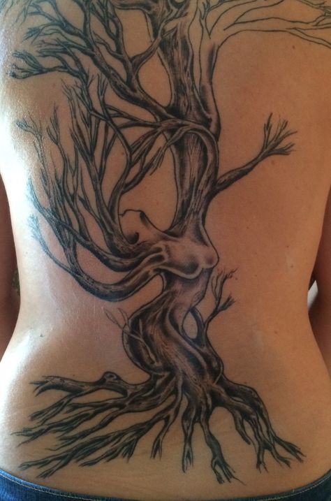 Dryad...Almost done... Dryad Tattoo Wood Nymphs, Lady Tree Tattoo, Magnolia Tree Tattoo Sleeve, Tree Lady Tattoo, Back Tree Tattoo Women, Big Tree Tattoo, Dryad Tattoo, Aya Tattoo, Old Tree Tattoo