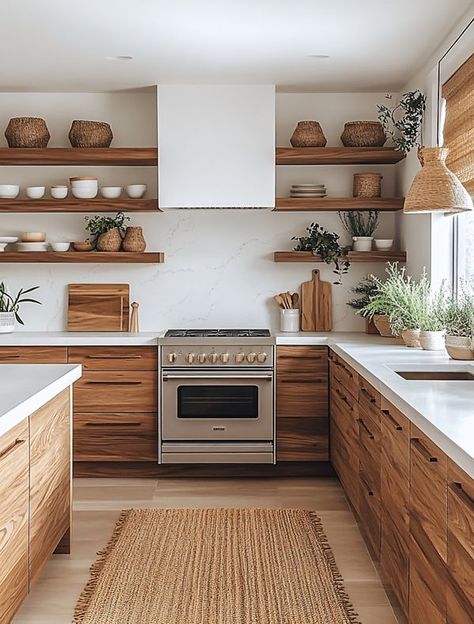 Small Kitchen No Upper Cabinets, No Upper Cabinets Kitchen, Kitchen With No Upper Cabinets, Kitchen No Uppers, Kitchen No Upper Cabinets, No Upper Cabinets, Herringbone Kitchen, Brown Living Room Decor, Beach House Kitchens