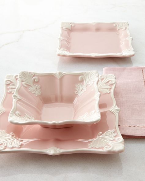 12-Piece Pink Square Baroque Dinnerware Service Dinnerware Service, Pink Dishes, Tout Rose, Tafel Decor, Smart Tiles, Pretty Dishes, Table Art, China Dishes, I Love Pink