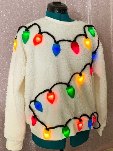 Homemade Ugly Christmas Sweater Diy, Ugly Christmas Sweater Diy, Christmas Sweater Diy, Christmas Sweater With Lights, Homemade Ugly Christmas Sweater, Ugly Christmas Sweater Diy Funny, Ugly Christmas Sweater Outfit, Diy Christmas Shirts, Diy Christmas Sweater