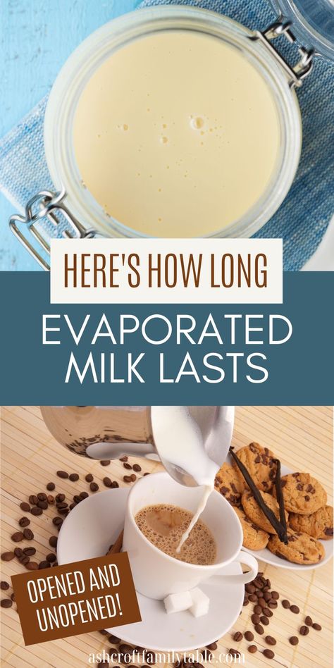 Pinterest graphic with text and image collage of evaporated milk in a clear container and poured into coffee. Homemade Evaporated Milk, Evaporated Milk Uses, Dessert Casseroles, Milk Uses, Evaporated Milk Substitute, Recipes For Soup, Milk Substitute, Kitchen Help, Storage Tips