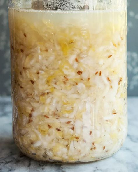 How to Make Sauerkraut (Easy Mason Jar Recipe) | The Kitchn Mason Jar Recipe, Making Sauerkraut, Fermented Sauerkraut, Homemade Sauerkraut, Healthy Probiotics, Sauerkraut Recipes, Fermentation Recipes, Fermented Vegetables, Caraway Seeds