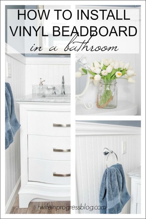 Step by step DIY tutorial showing how to install beadboard in a bathroom over damaged walls. via @wifeinprogressblog Vinyl Beadboard, How To Install Beadboard, Bathroom Improvements, Diy Crafts Home, Walk In Shower Designs, Bathroom Diy, Bathroom Walls, Diy Vanity, Funky Home Decor