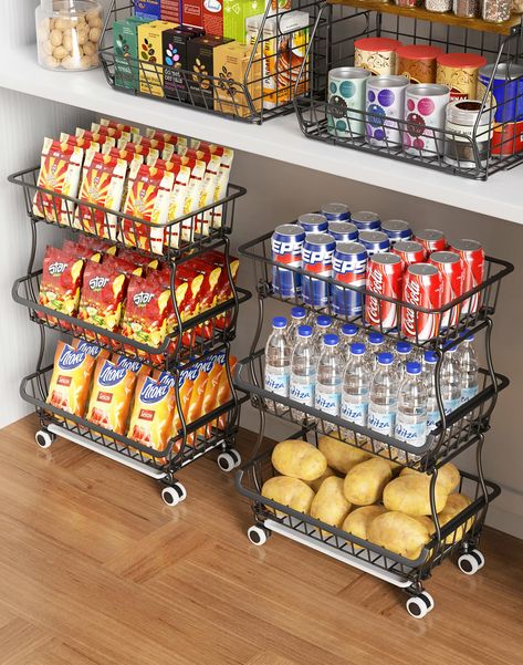 PRICES MAY VARY. Large Capacity: Looking for More Counter Space in Your Kitchen? Look no further than our all-purpose small kitchen storage cart. It boasts plenty of room to store products that don't need refrigeration such as fruit, onion, potato, bread, snacks, water bottles, produce, cans, etc. Floor-mount Storage Cart or Countertop Organizer Option: You can use the No-slip Feet to create a 3-tier fruit basket for the kitchen counter, or set up a 3-tier snack cart with Lockable Wheels under t Big Kitchen Organization, Bottom Of Pantry Storage, Cute Kitchen Decorations, Extra Pantry Storage Ideas, Chip Organization Pantry, Kitchen Food Storage Ideas, Organized Fridge Aesthetic, Drink Storage Ideas, Dorm Food Storage