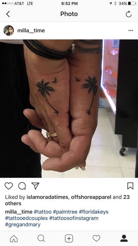 Palm Tree Couple Tattoo, Couples Palm Tree Tattoo, Palm Tree Beach Tattoo Design, Palm Tree Hand Tattoo, Palm Tree Finger Tattoo, Palm Tree Tattoos For Women, Tree Heart Tattoo, Wedding Anniversary Tattoo, Anniversary Tattoos