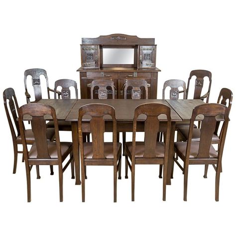 Art Nouveau Oak Dining Room Set, circa 1910-1920 For Sale at 1stdibs Art Nouveau Dining Table, European Dining Room, Oak Dining Room Set, Dining Room Suites, Art Deco Dining Room, Oak Dining Room, Oak Cupboard, Leather Mirror, Extendable Table