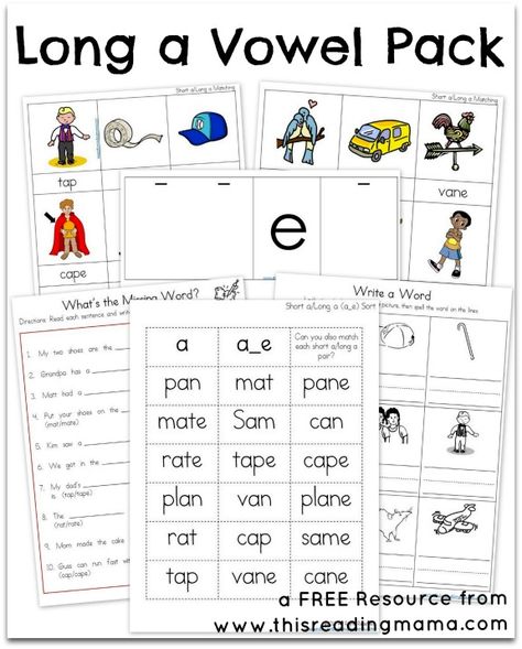 There are five activities included in this FREE Long A Packet from This Reading Mama:  1. Short a/Long a sort-if you’re un Long A Activities, Long A Vowel, Long Vowel Worksheets, Vowel Activities, Vowel Worksheets, Homeschool Freebies, Long Vowel, Magic E, Long Vowels