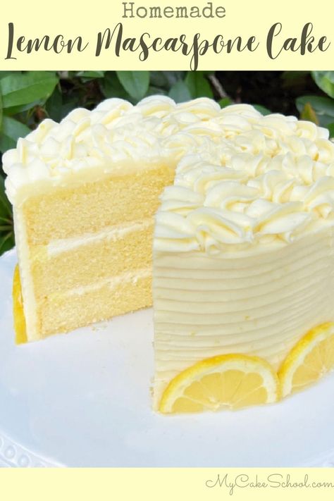 Lemon Mascarpone Cake | My Cake School Lemon Mascarpone Cake, Lemon Velvet Cake, My Cake School, Lemon Mascarpone, Lemon Cream Cake, Mascarpone Cake, Moist Lemon Cake, Lemon Cream Cheese Frosting, Lemon Cream