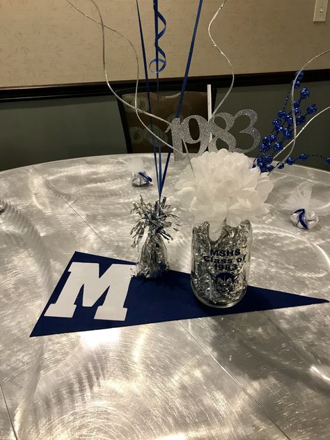 High School Alumni Ideas, High School Reunion Table Centerpieces, 50th Class Reunion Centerpieces Table Decorations, Reunion Decorations High School, Reunion Centerpieces High School, Alumni Decoration Ideas, 50th High School Reunion Ideas Centerpieces, 50 Year Class Reunion Ideas High Schools Table Decorations, Class Reunion Centerpieces Diy