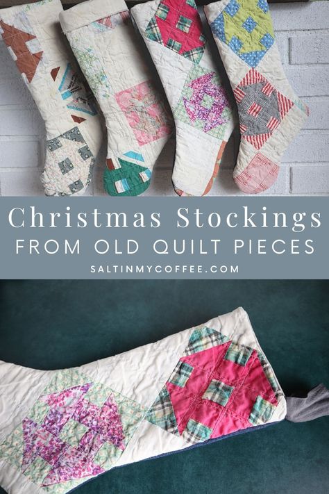 Quilt Christmas Stockings Diy, Quilt Wedding Decorations, Christmas Stockings From Old Quilts, Old Quilts Repurposed Sewing Projects, Christmas Stocking From Old Quilt, Christmas Ornaments Made From Old Quilts, Repurposed Vintage Quilts, Diy Quilt Stocking, Repurpose Old Quilts Ideas