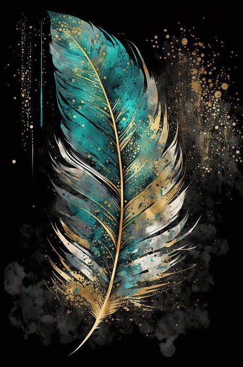 This art piece features a stunning metallic-like teal, gold, and white feather set against a dramatic black background with splatters and streaks of gold and teal paint. The feather stands out in sharp relief against the soft, cloudy grey tones in the background. Dimensions Width x Height | Thickness in Inches High Quality Canvas We print on a thick, archival-grade canvas to ensure durability. It is pH neutral and acid-free, so it will not yellow over time. Its bright white surface will support Turquoise Pictures, Paintings Of Feathers On Canvas, Feather Art Projects, Peacock Feather Acrylic Painting, Gold Peacock Feather, Teal And Gold Artwork, Wall Art Teal And Gold, Painting Feathers, Teal Palette