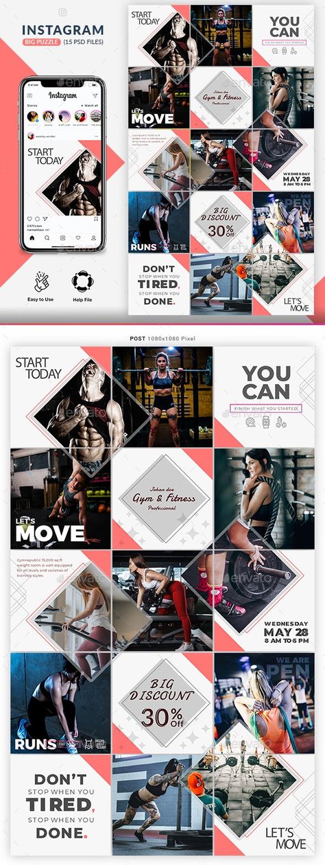 Fitness GYM Instagram Puzzle Templates by Roobii | GraphicRiver Instagram Grid Layout, Instagram Layout Ideas, Instagram Grid Design, Instagram Feed Layout, Instagram Puzzle, Instagram Template Design, Instagram Grid, Grid Layouts, Instagram Layout