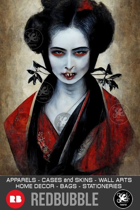 Nosferatu Geisha | Portrait Of A Vampiress. Portrait of a vampire geisha in the style of an old japanese print illustration. Available on many products such as t-shirts, posters, bags andmany more. Follow @TMBTMDesign and @redbubble for more graphic design on t-shirts and other products. #findyourthing Japanese Vampire, Vampire T Shirt, Geisha Portrait, Vampire Woman, Japanese Print, World Of Darkness, Japanese Geisha, Print Illustration, Japanese Prints