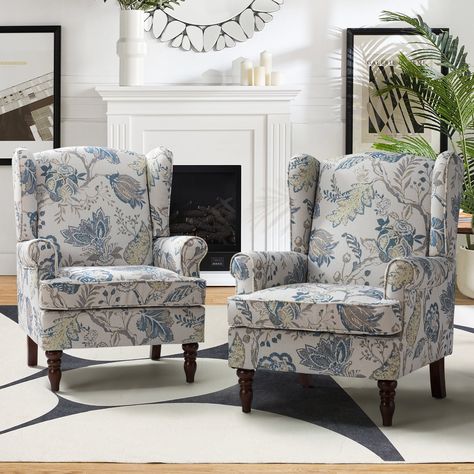 Buy Wooden Upholstered Armchair Set of 2 Wingback High Back Accent chair for Home Living Room, Blue at Walmart.com High Back Accent Chairs, Sala Vintage, Formal Lounge, Living Room Blue, Traditional Armchairs, Blue Couch, Wingback Chairs, French Sofa, Lounge Couch