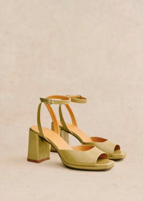 Maxine High Sandals - Polished pistachio - Patent cowide leather - Sézane Pistachio Outfit, Sandals Summer Heels, Coloured Wedding Shoes, Heels Aesthetic, Spring Coffee, High Sandals, Shoe Gallery, Party Heels, Wrap Heels