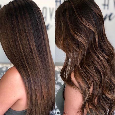 Straight vs curled brunette caramel balayage hair Caramel Balayage Straight Hair, Balayage On Straight Hair, Chocolate Balayage, Balayage Straight, Red Balayage Hair, Balayage Straight Hair, Balayage Long Hair, Black Hair Balayage, Honey Brown Hair