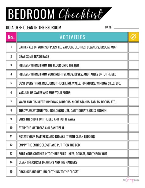 Room Checklist Bedrooms, Daily Bedroom Cleaning Checklist, Cleaning List By Room Step By Step, Bedroom Deep Clean Checklist, Bedroom Cleaning Checklist For Teens, Bedroom Cleaning List, Bedroom Deep Cleaning Checklist, Bedroom Declutter Checklist, Clean Bedroom Checklist