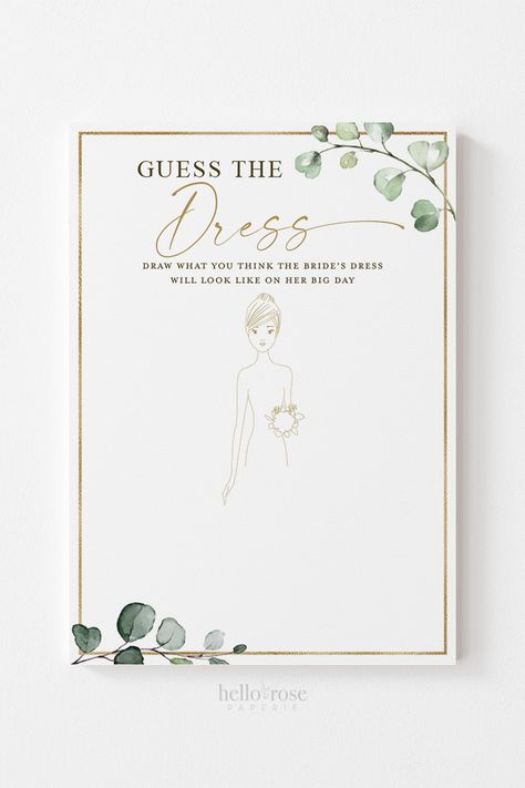 White And Greenery Bridal Shower Ideas, White And Gold Bridal Shower Ideas, Bridal Shower Greenery Theme, Greenery Bridal Shower Ideas, Guess The Dress Bridal Shower, Bridal Shower Greenery, Guess The Dress, Game Hens, Engagement Party Games