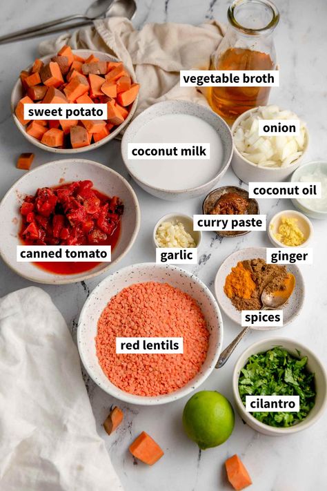 This creamy coconut and sweet potato lentil curry is easy to make in 40 minutes, full of flavour and perfect for warming up on a cold day. Autumn Dinners, Coconut Sweet Potato, Kitchen Dancing, Lentil Sweet Potato, Sweet Potato Chickpea Curry, 2023 Meals, Sweet Potato Lentil Curry, Red Lentil Curry, Coconut Lentil Curry