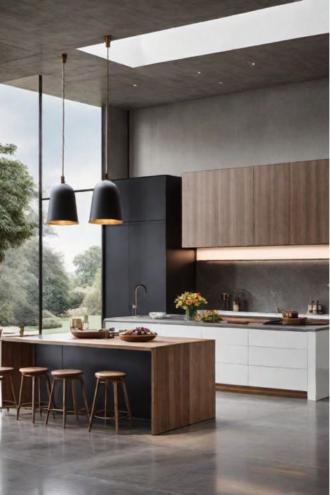 Oversized pendant light transforming modern kitchen Modern Kitchen High Ceiling, Double Height Kitchen, High Ceiling Kitchen, Mountain Modern Kitchen, Contemporary Track Lighting, Ultra Modern Kitchen, Can Lighting, Modern Kitchen Lighting, Natural Wood Kitchen