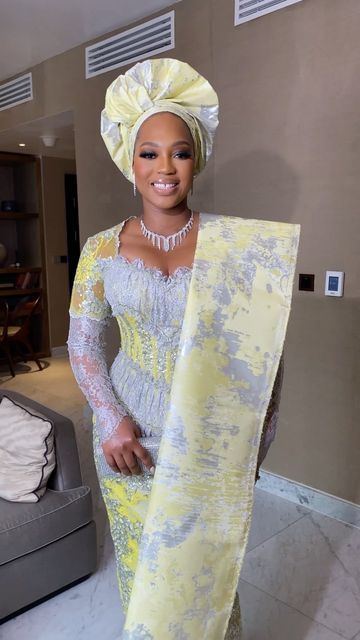 Gele Artist in Lagos on Instagram: "#qm22 the one where the creative director of @mazellebridal becomes the bride ☺️💃🏽💛💛. Definitely love how the gele goes well with this outfit. Simple, elegant and still bridal-ish Bride @mizieee of @mazellebridal Groom @iamdirectorq Makeup Artist @zainabazeez Head tie Stylist @dbellezza_gele Bridal Styling @thewardrobemanager Groom Styling @thestyleinfidel Planning @tessallureevents Outfits @mazellebridal Aso Oke @wovenmarketafrica Fabric @joeland Simple Gele Styles For Asoebi, African Head Dress, Aso Ebi Lace Styles, African Bridal Dress, Nigerian Dress, Wedding Outfits For Women, Nigerian Lace Styles Dress, Ankara Long Gown Styles, African Fabric Dress