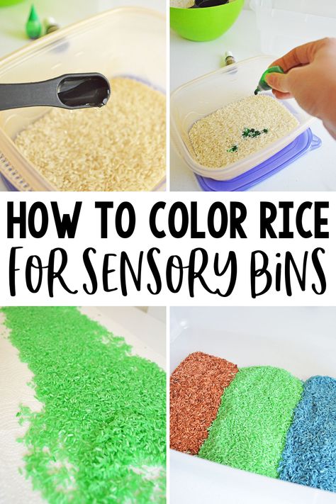 Coloring Rice For Sensory Table, Color Rice Sensory Table, How To Make Colored Rice For Sensory Bin, Reusable Sensory Bins, How To Color Rice, How To Color Rice For Sensory Bin, Colored Rice Sensory Bin, Rice Craft, Hannah Elise