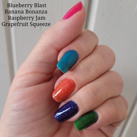 Blueberry Blast, Raspberry Jam, Banana Bonanza, and Grapefruit Squeeze (jelly nails) Grapefruit Squeeze Color Street, Color Street Blueberry Blast, Color Street Mixed Mani, Mani Ideas, Mixed Mani, Jelly Nails, Street Nails, Raspberry Jam, Color Street Nails