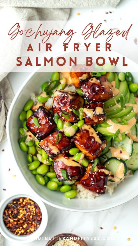 Gochujang Glazed Air Fryer Salmon Bowls - Peanut Butter and Fitness Salmon Meal Prep, Salmon Bowls, Metabolic Diet Recipes, Miso Glazed Salmon, Baked Pesto Chicken, Miso Salmon, Bbq Salmon, Air Fryer Salmon, Cut Recipe